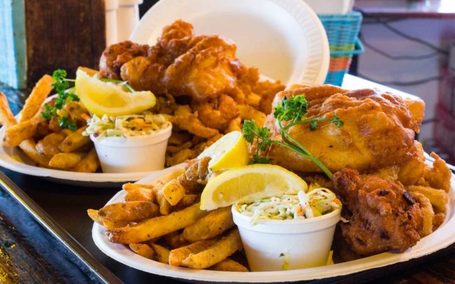 Flo's Clam Shack, seafood, restaurant, Rhode Island, fish and chips, fish, clam cakes, french fries, cole slaw